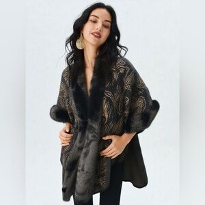 Carla Ferroni by Lady Jane Black & Tan Floral Paisley Faux Fur Shawl